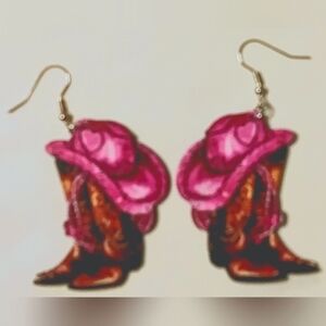 Western Cowboy Hat/Boots Wooden Dangle Earrings Hot Pink/Brown